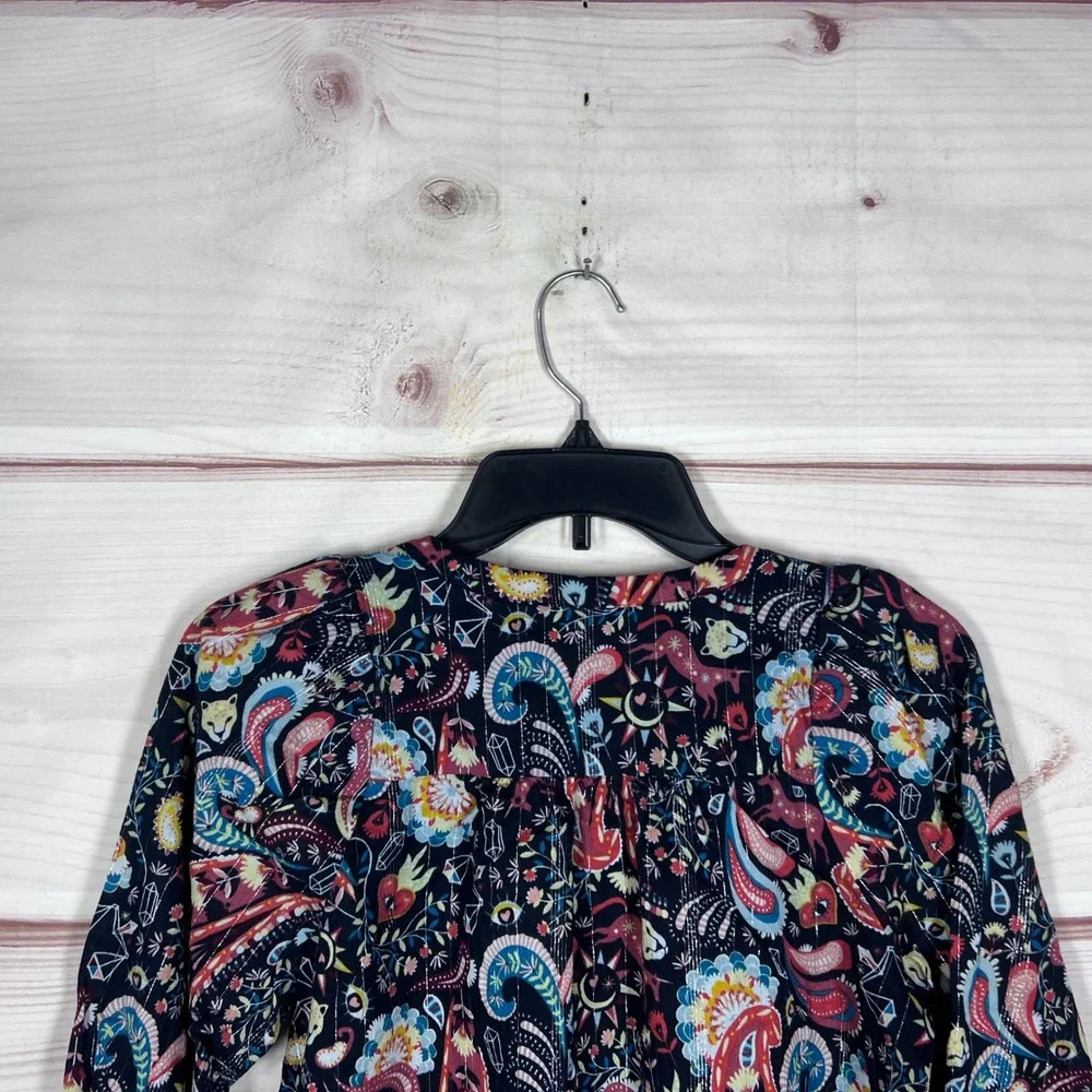 LOFT Paisley Blouse Women PS Blue Multi Lurex Stripe Puff Sleeve Tie Neck Top
